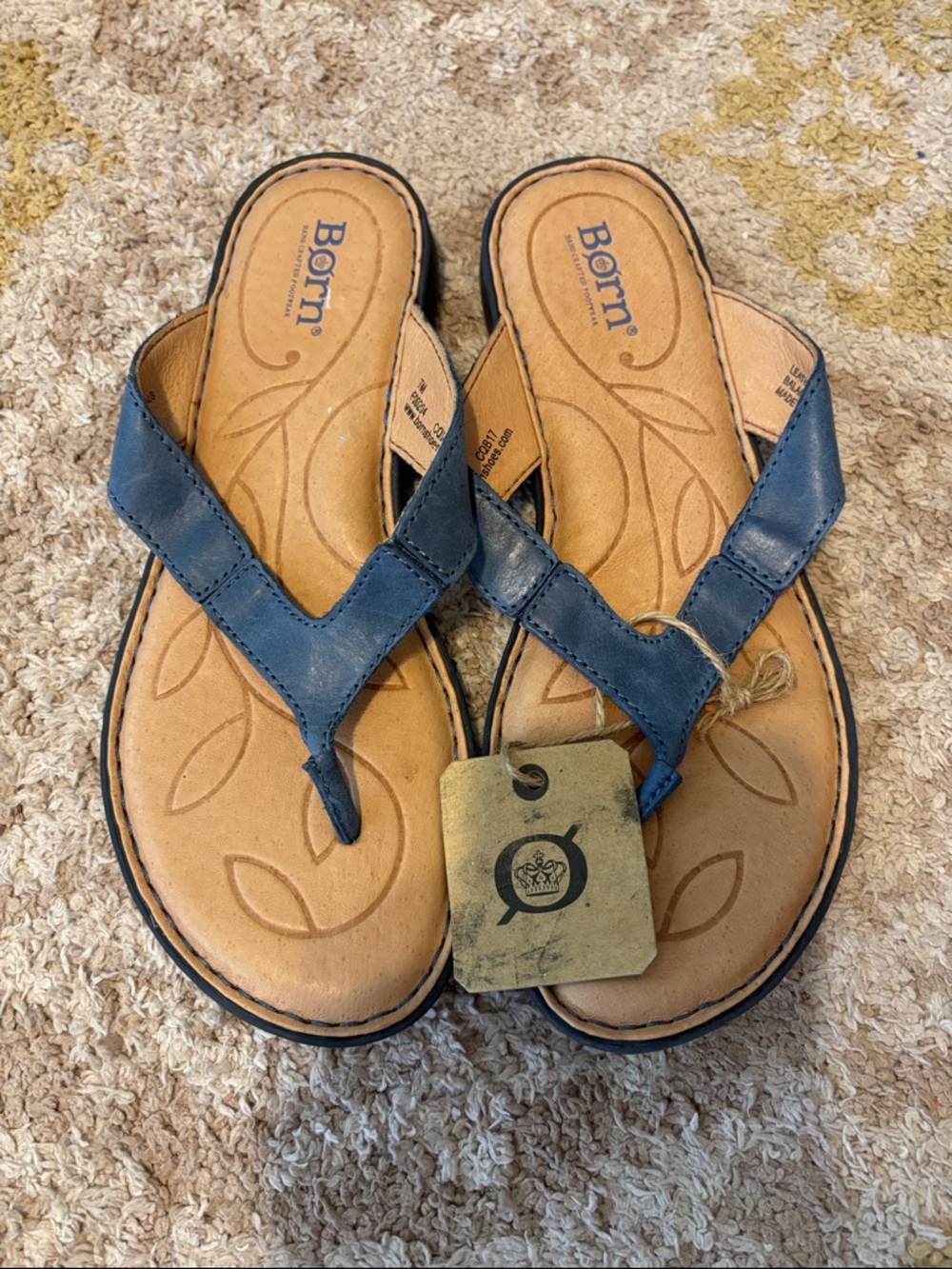 Born Blue Leather Thong Sandals with Tan Footbed
